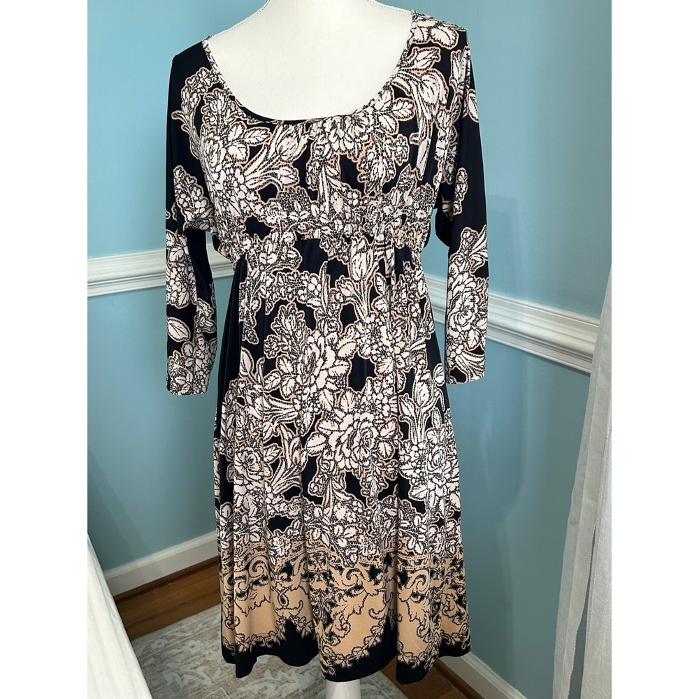 Soma Intimates Floral Empire Waist Lounge Dress Black Tan Medium 3/4 Sleeve